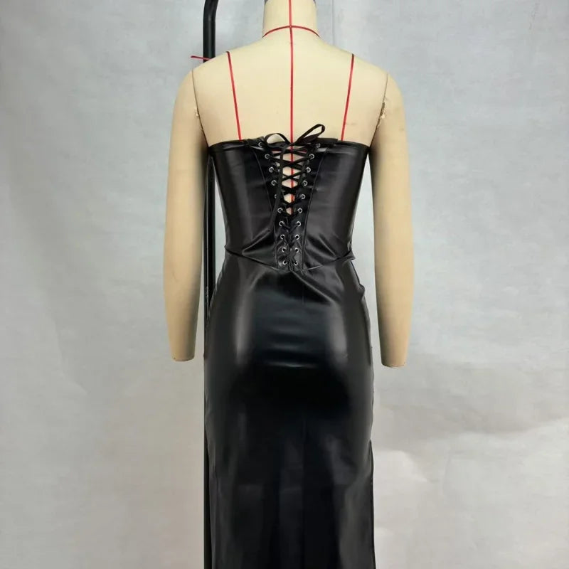 Frauen PU Leder Kleid rückenfreies Partykleid Trägerlos Abendkleid Cocktailkleid
