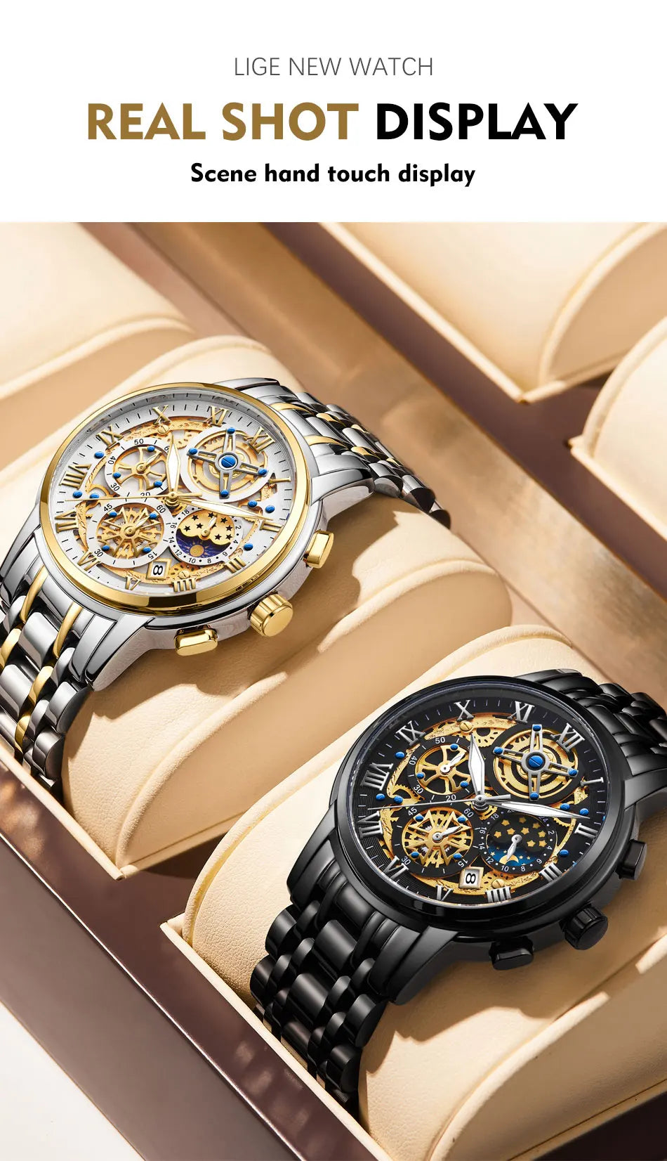 Herren Armbanduhr Silber Schwarz Edelstahl Quarzuhr Luxus Chronograph Business