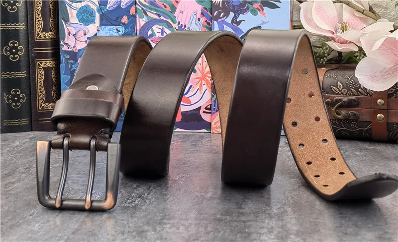 Jeans-Gürtel Herren Eckig Schnalle Echt Leder Gürtel Braun Breite Schnalle