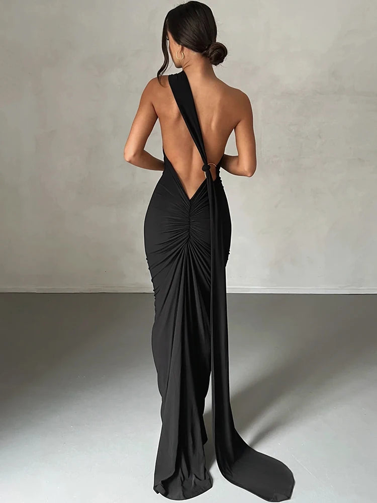 Frauen Kleid rückenfreies Partykleid Langeskleid Maxikleid Träger Abendkleid