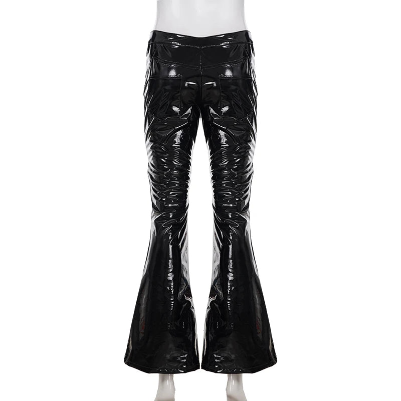 Sexy Damen Fashion Hose Gothic Punk glänzende PU Lederhose Schlaghose Latex