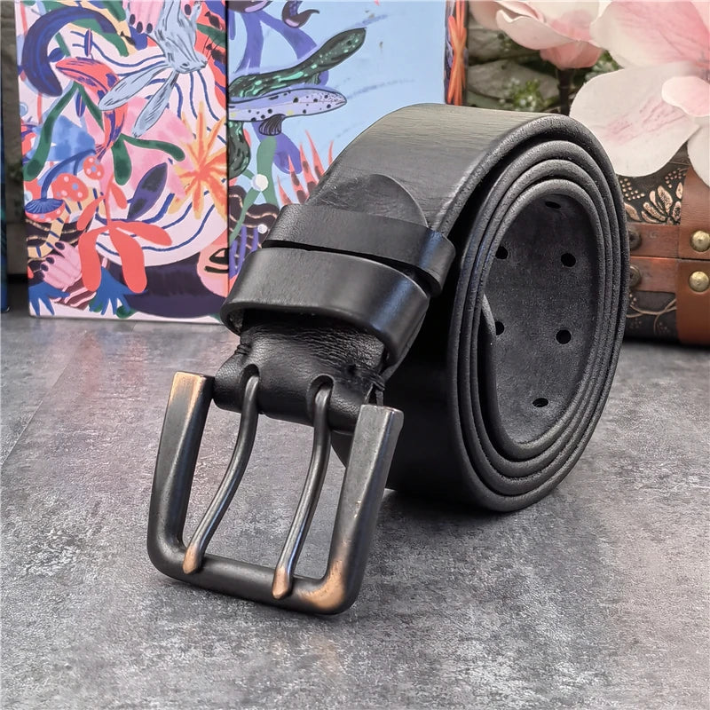 Jeans-Gürtel Herren Eckig Schnalle Echt Leder Gürtel Braun Breite Schnalle