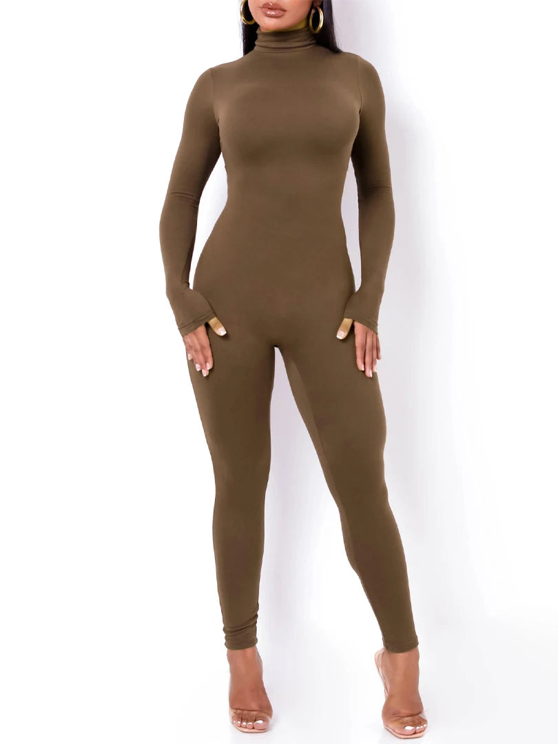 Damen Overall Strampler Stretch Leggings Langarm Rollkragen Bodycon Top