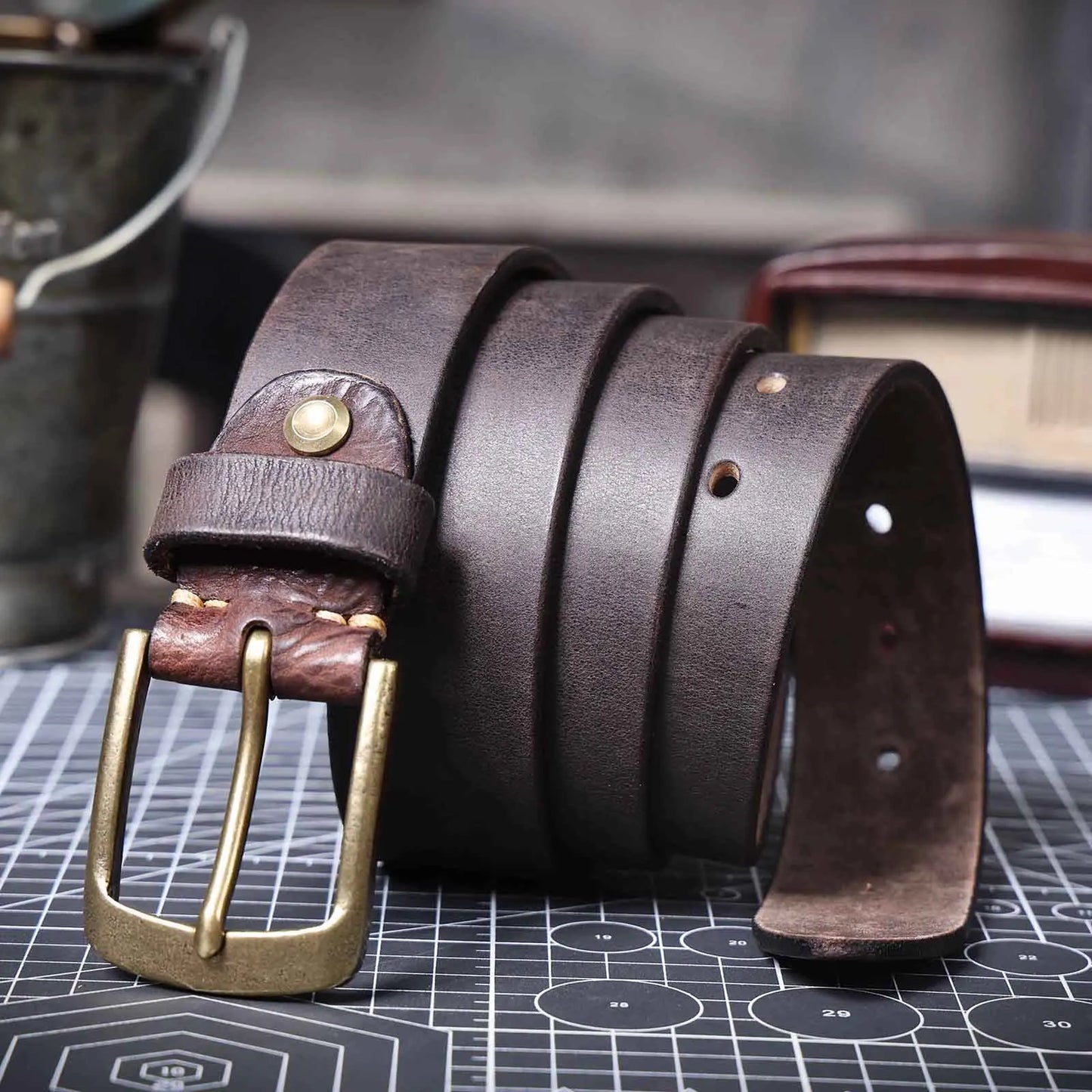 Jeans-Gürtel Herren Eckig Schnalle Echt Leder Gürtel Braun Breite Schnalle