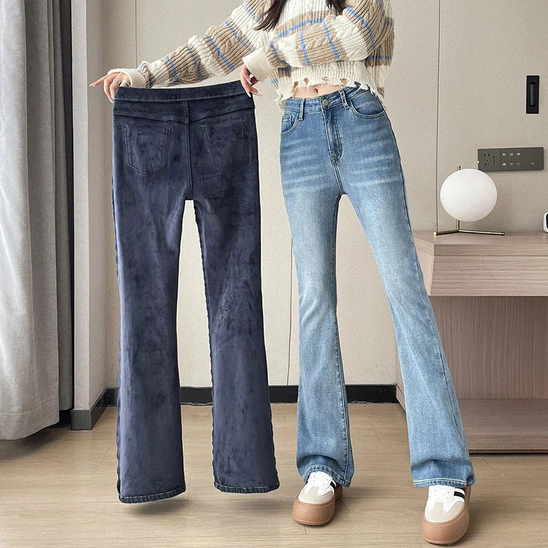 Damen Winter Warm Thermo Jeans Hose Innenfleece Stretch Hosen Leggins Denim