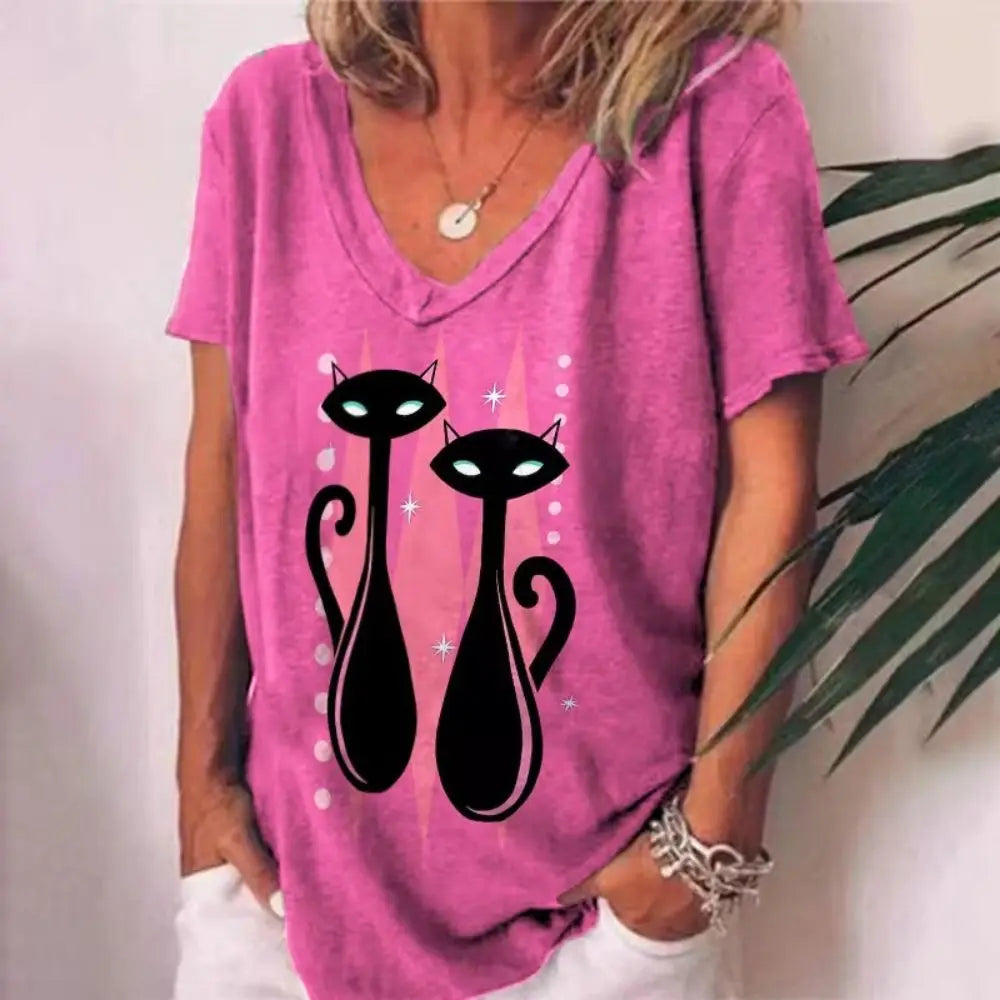 Damen Sommer Top 3D Katzen T-Shirt Rundhals Streetwear lockeres Damentop Bluse