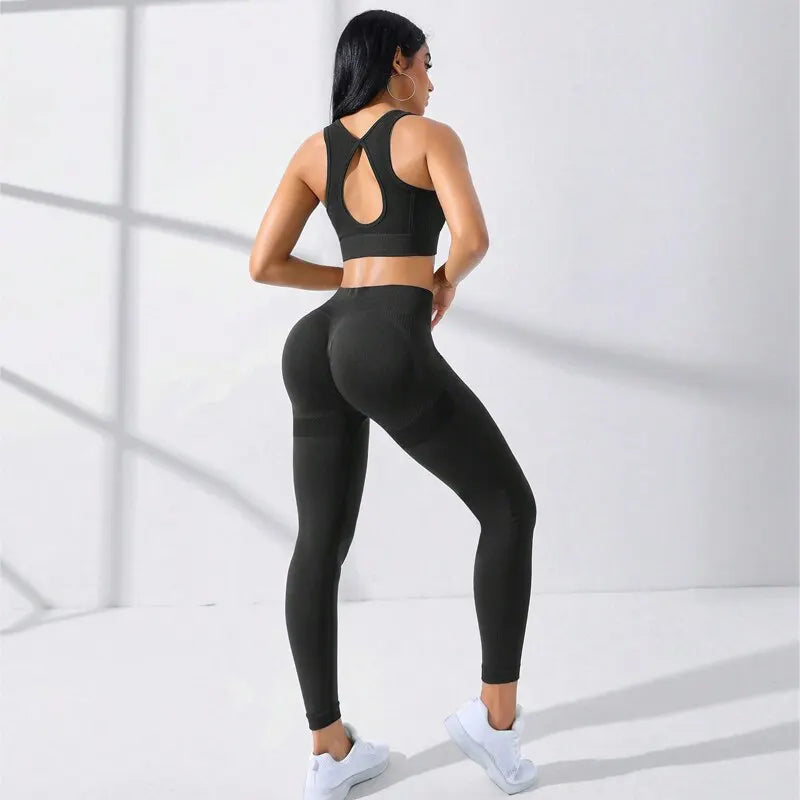 Damen Leggings Push Up Stretch Leggins Yoga Fitness Hose Sport BH Set Top Gym