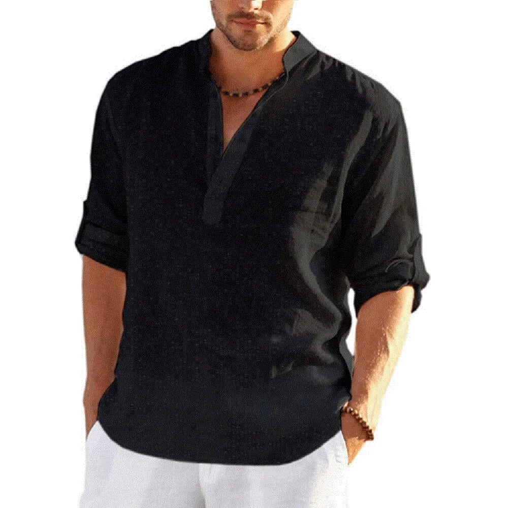 Herren Hemd Poloshirt Leinenhemd Kurzarm T-Shirt Leinen Polohemd Freizeithemd