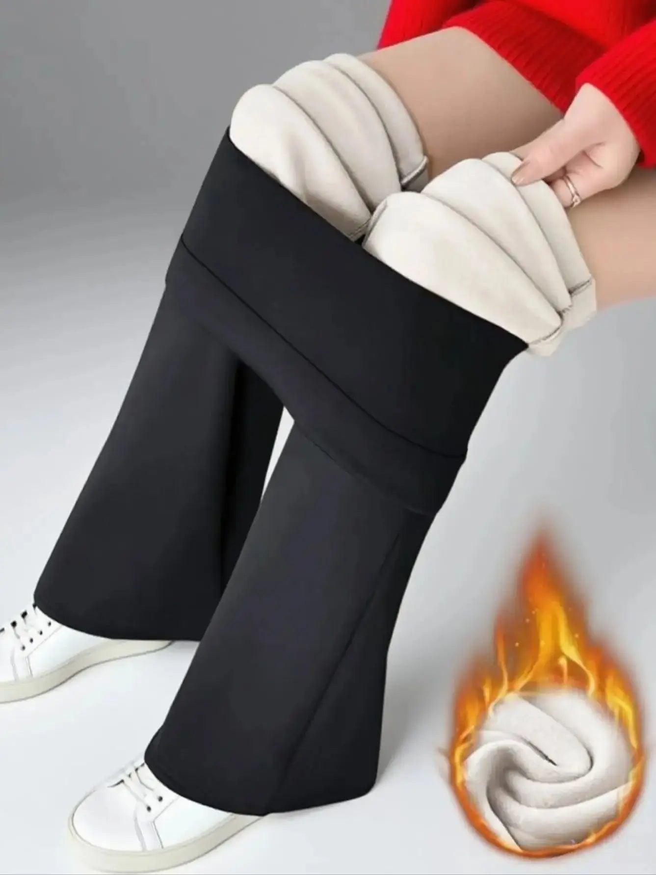 1 Paar schwarze, mit Wolle gefütterte Schlaghose für Damen – dicke Winterhose mit Plüschfutter, warme, enge Hose mit Plüschfutter