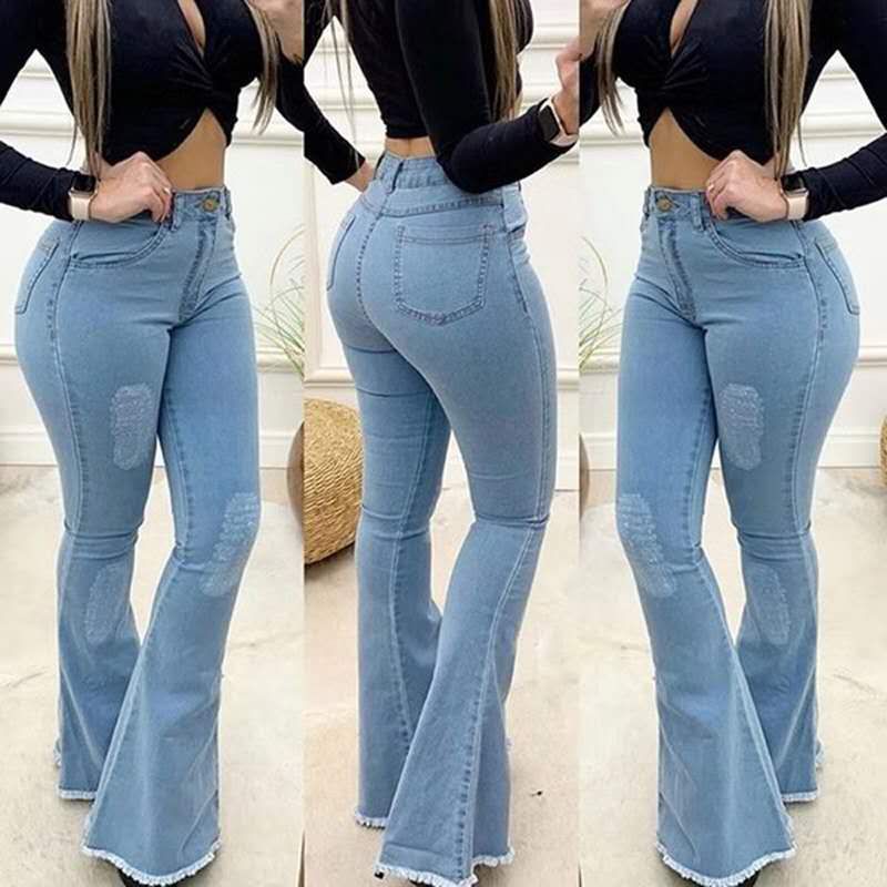 Damen Jeans Hose Bootcut Hüftjeans Schlaghose Flared Weites Bein Denim Stretch