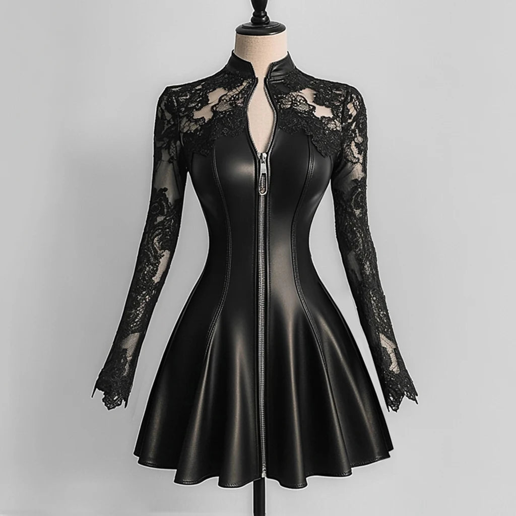 Modische PU Leder Spitze Patchwork Taille-Cinching Kleid Herbst Winter Neue Ankunft Lange Sleeve Zipper Sexy Party Mini Kleid