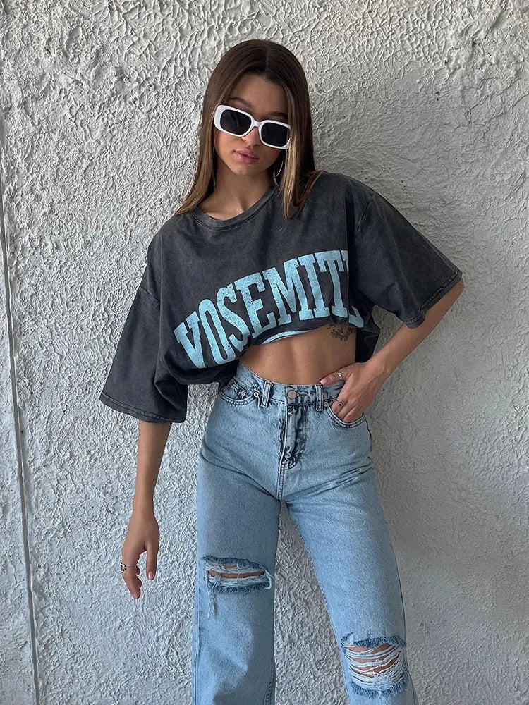 Damen Sommer Top Los Angeles T-Shirt Rundhals Streetwear lockeres Damentop