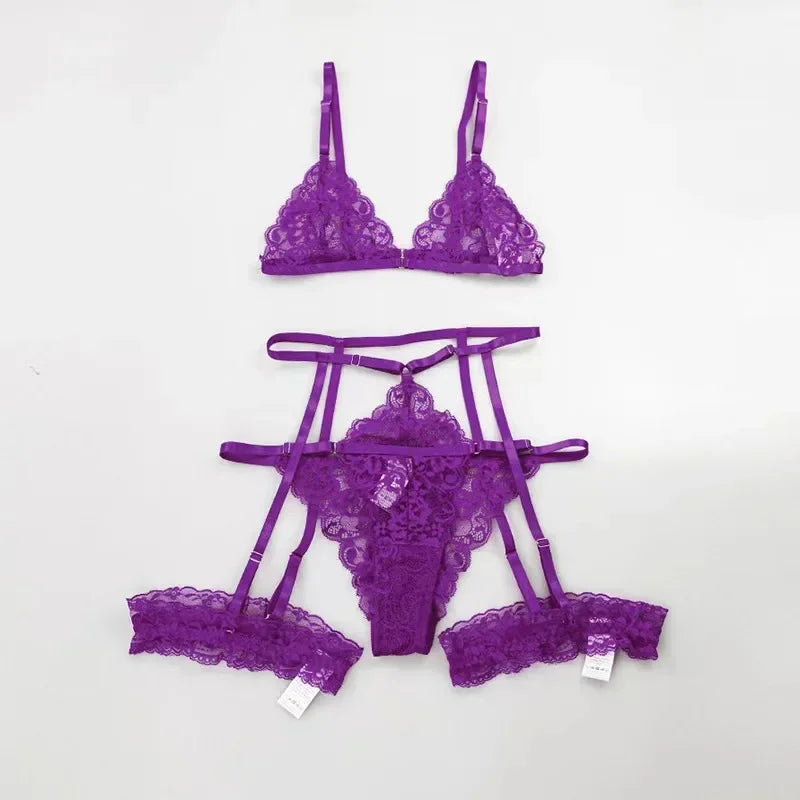3 Stk BH Set Damen Sexy Spitze Dessous Bodysuit Body Unterwäsche Schwarz Tanga