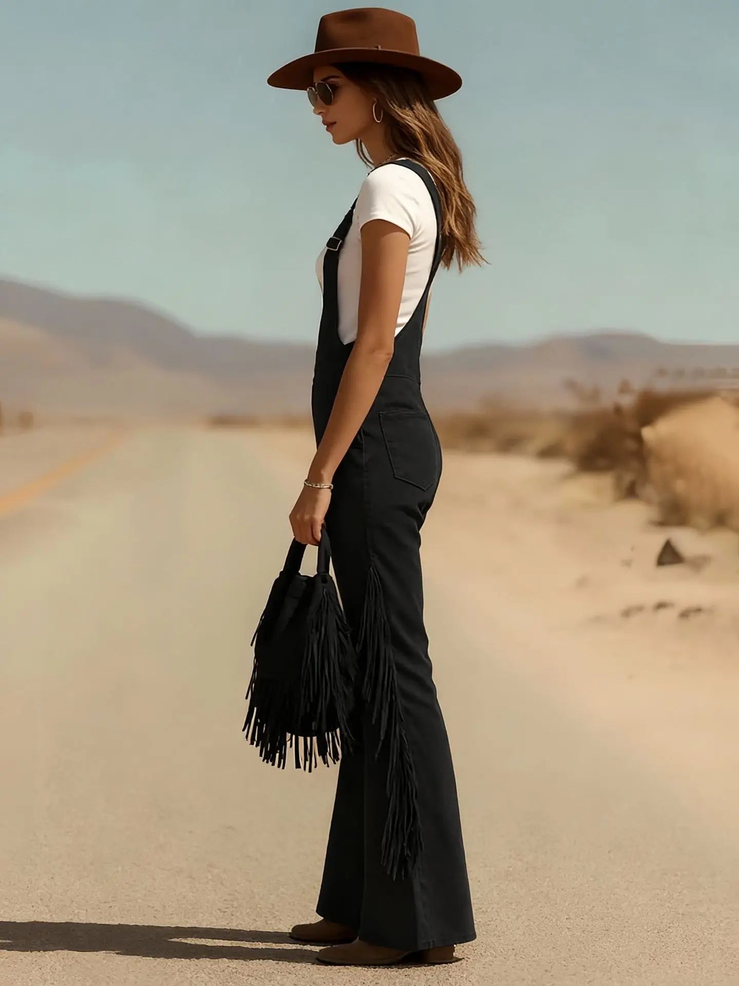 Damen Fashion Hose Latzhose Schlaghose Retro Western Flare Trägerhose Overall