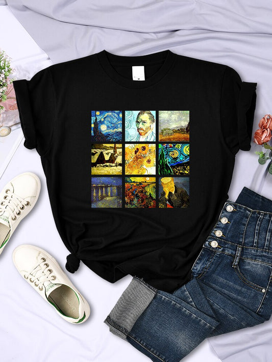 Damen Sommer Top Van Gogh Hipster T-Shirt Rundhals Streetwear lockeres Damentop