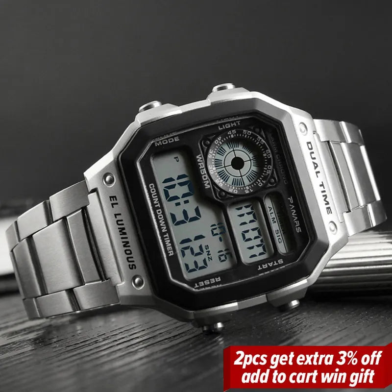 Herren Armbanduhr Digital Uhr Silber Edelstahl Quarzuhr Luxus Chronograph