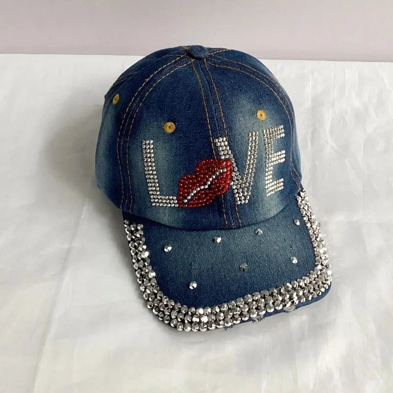 Jeans Basecap Cappy Denim Look Cap Kappe LOVE Strass gebogen Herren Damen