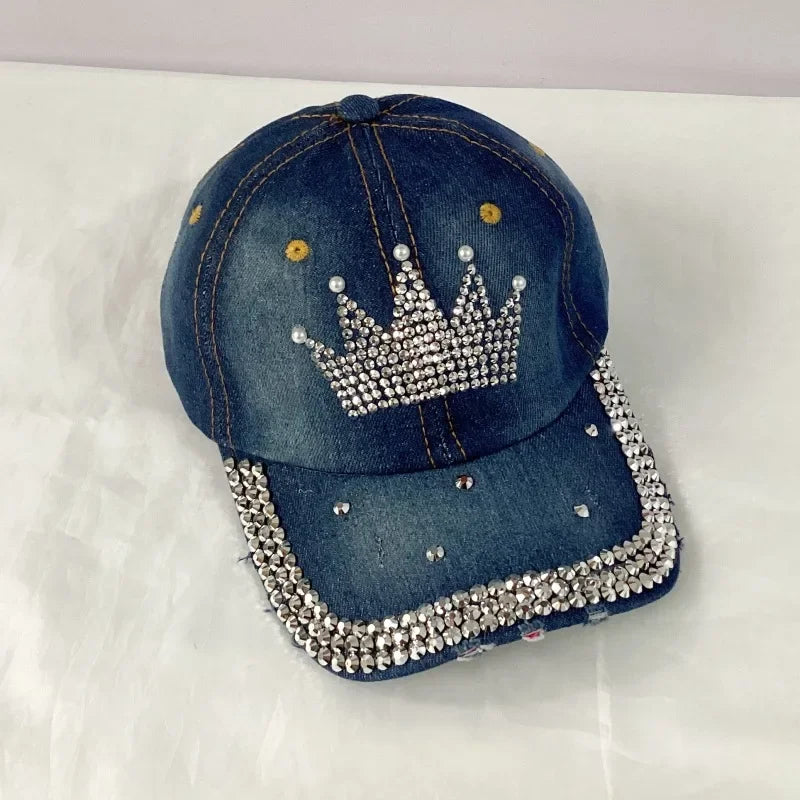 Jeans Basecap Cappy Denim Look Cap Kappe LOVE Strass gebogen Herren Damen