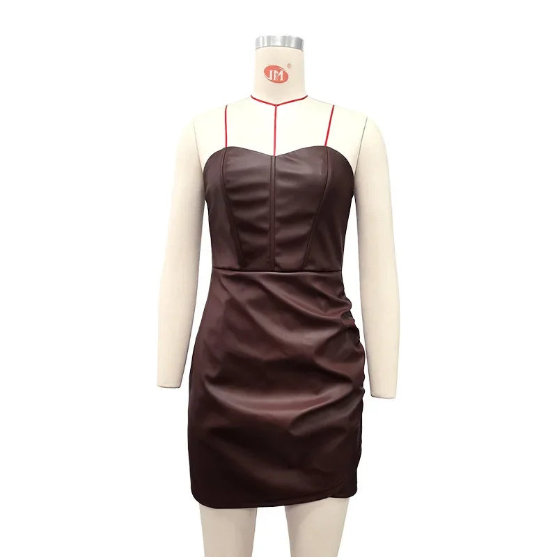 Frauen PU Leder Kleid rückenfreies Partykleid Trägerlos Abendkleid Cocktailkleid
