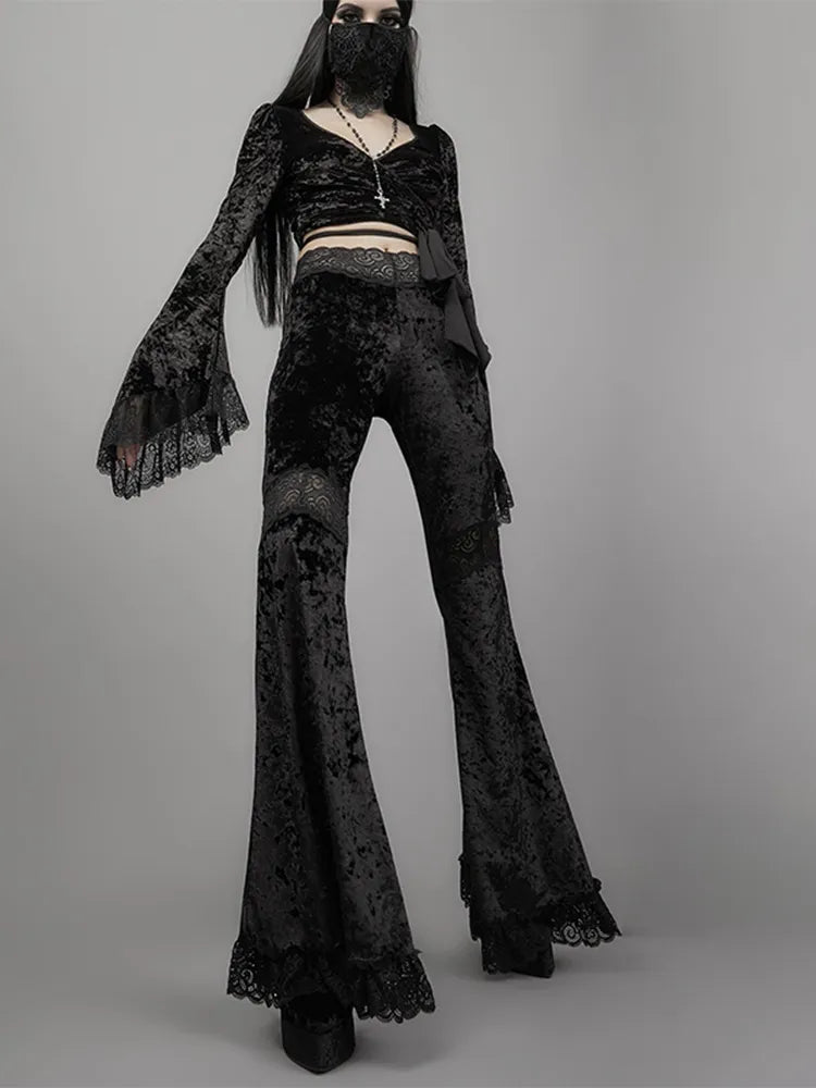 Damen Punk Gothic Hose Bootcut Hüftjeans Schlaghose Hip Retro Flared Leggins