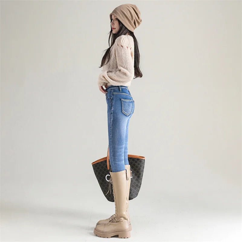 Damen Winter Warm Thermo Jeans Hose Innenfleece Stretch Hosen Leggins Denim