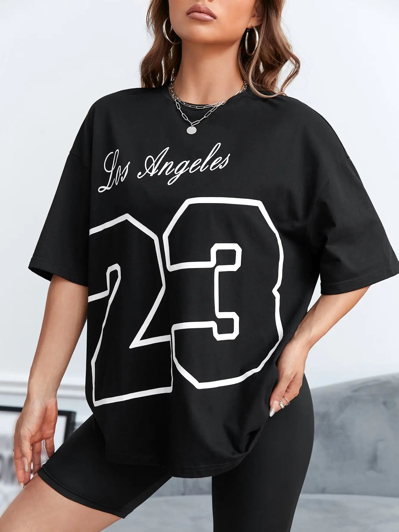 Damen Sommer Top Los Angeles 23 T-Shirt Rundhals Streetwear Baumwoll Damentop