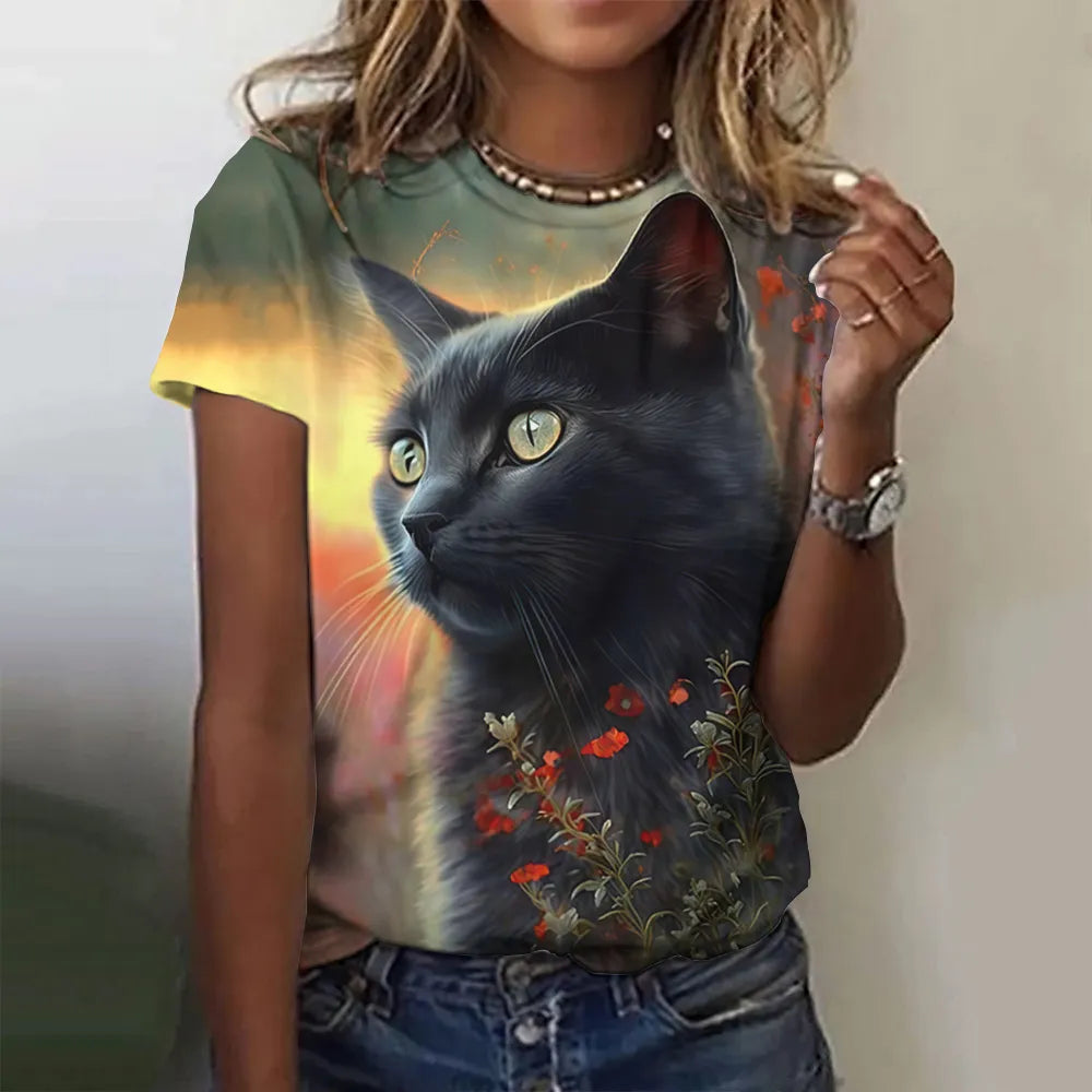 Damen Sommer Top 3D Katzen T-Shirt Rundhals Streetwear lockeres Damentop