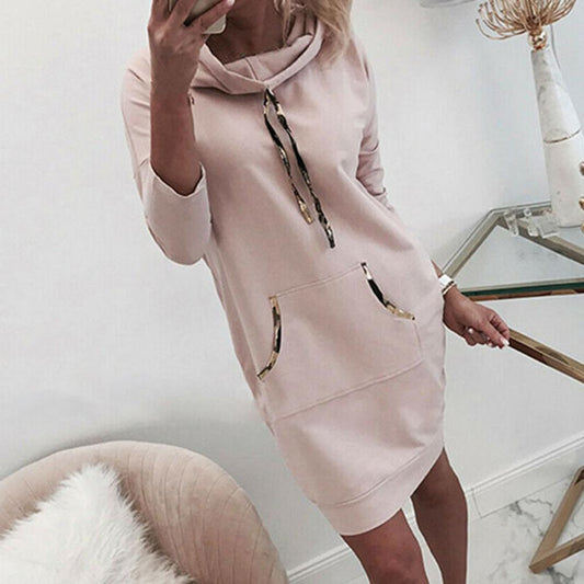 Damen Kapuzenpullover Minikleid Hoodie Sweatshirt Longtops Tunika Jumper Kleid