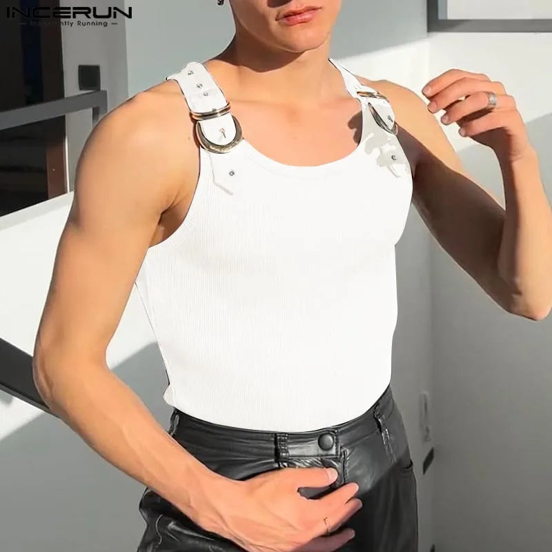INCERUN Tops Amerikanischen Stil, Mode, Neue Männer Dekonstruktion Design Metall Schnalle Mesh Westen Casual Streetwear Männlich Solide Tank Tops