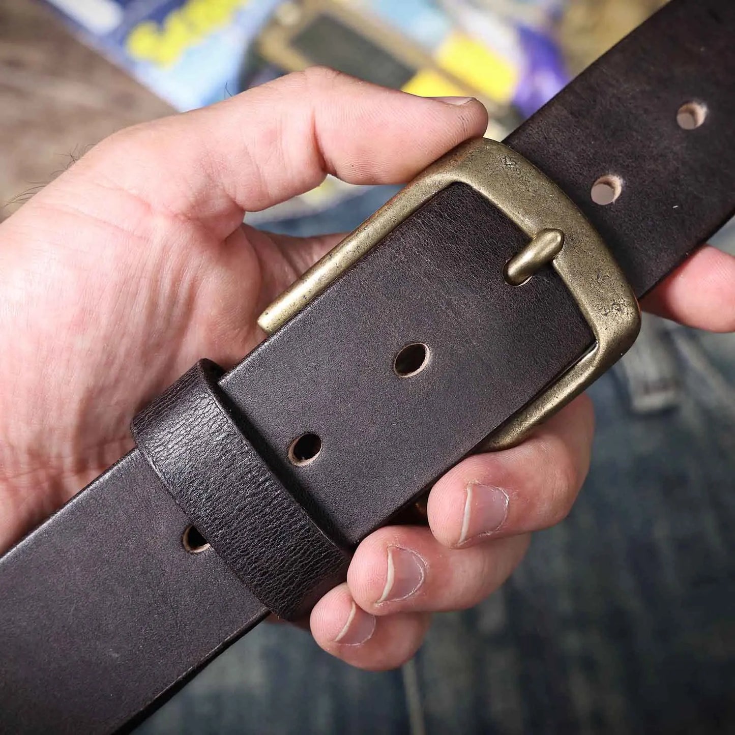 Jeans-Gürtel Herren Eckig Schnalle Echt Leder Gürtel Braun Breite Schnalle