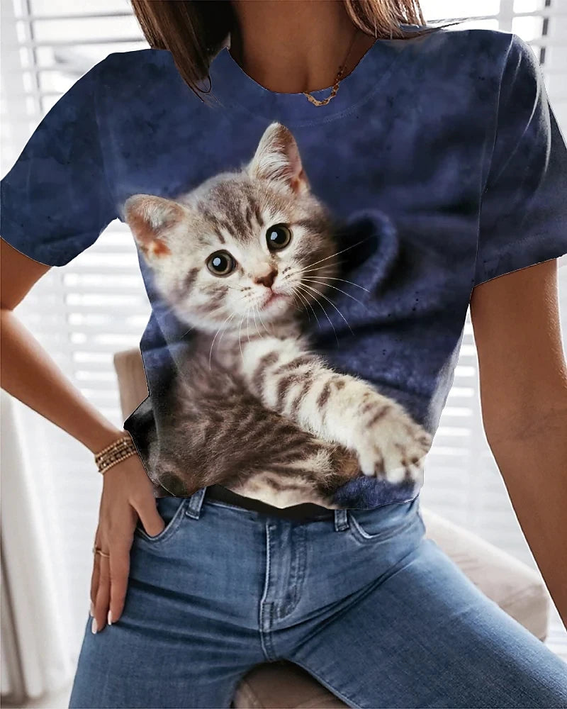 Damen T-Shirt Sommer Top Katzen Hemd Rundhals Streetwear lockeres Damentop