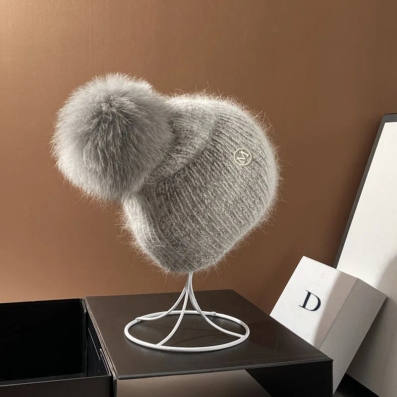 Damen Wolle Mütze Wintermütze Strickmütze Gefüttert Pudelmütze Bommel Skimütze