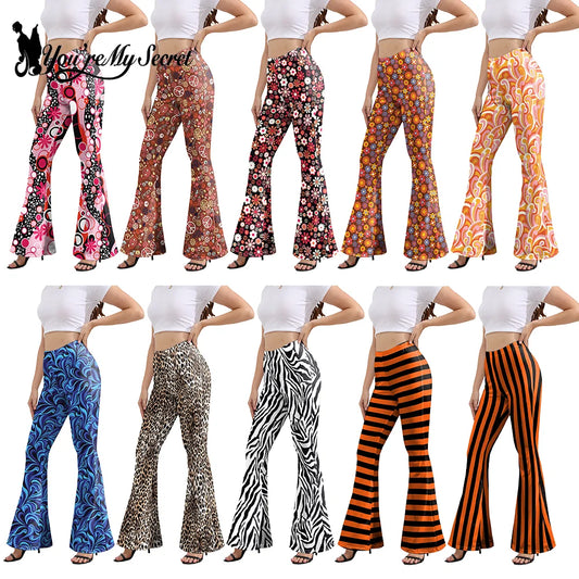 Damen Yoga Hose Bootcut Hüftjeans Schlaghose Flared Leggins Flower Power Retro