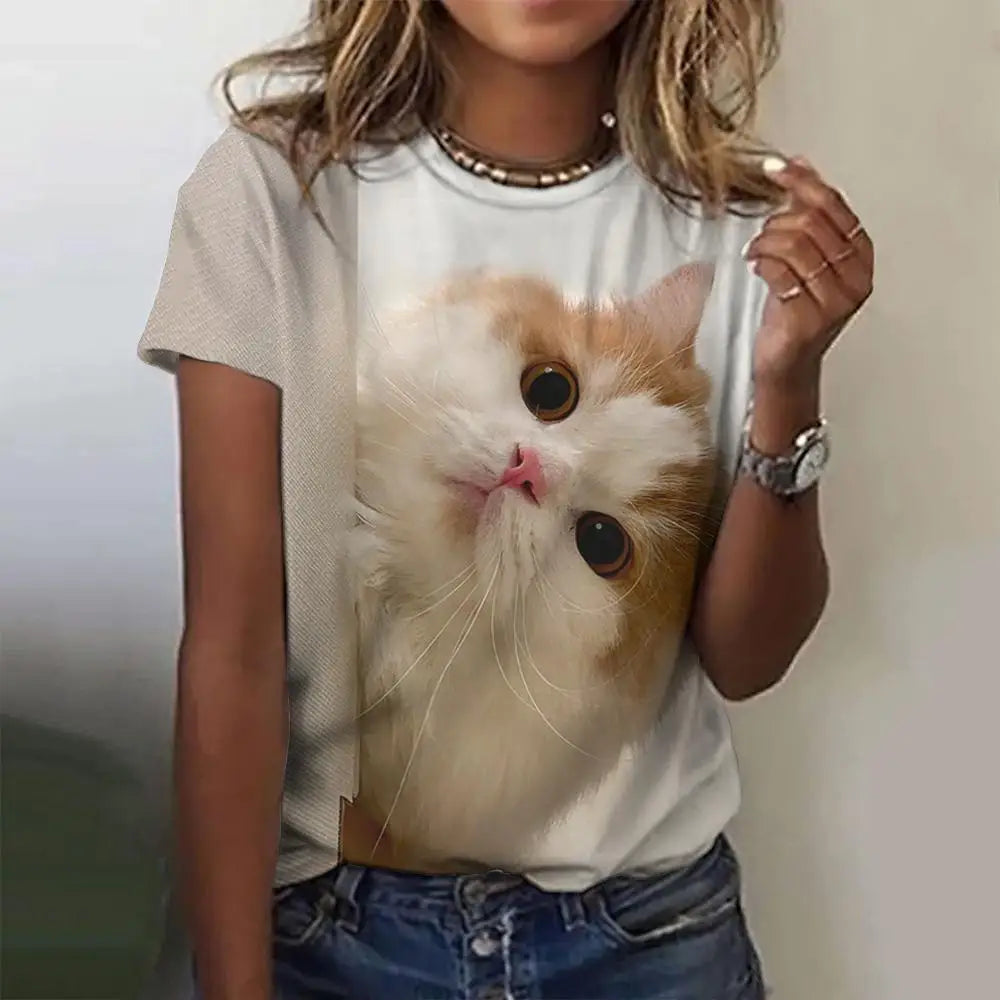 Damen Sommer Top 3D Katzen T-Shirt Rundhals Streetwear lockeres Damentop