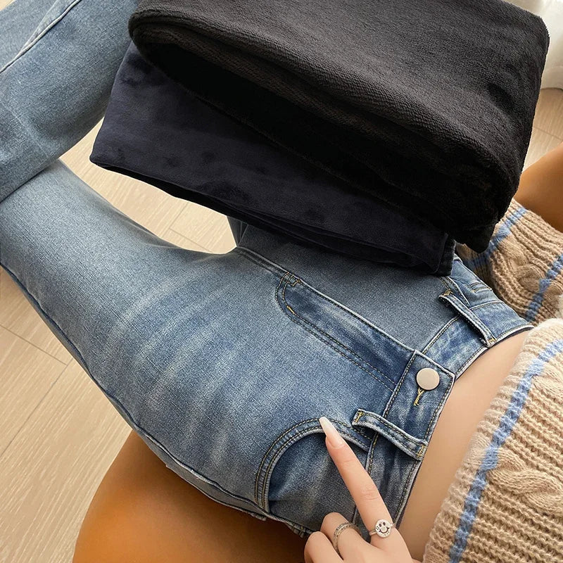 Damen Winter Warm Thermo Jeans Hose Innenfleece Stretch Hosen Leggins Denim
