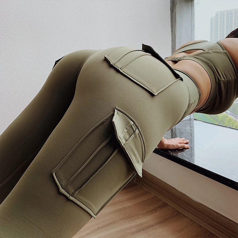 Damen Leggings Leggins mit Taschen Sport Hose Push Up Fitness Gym Stretch Yoga