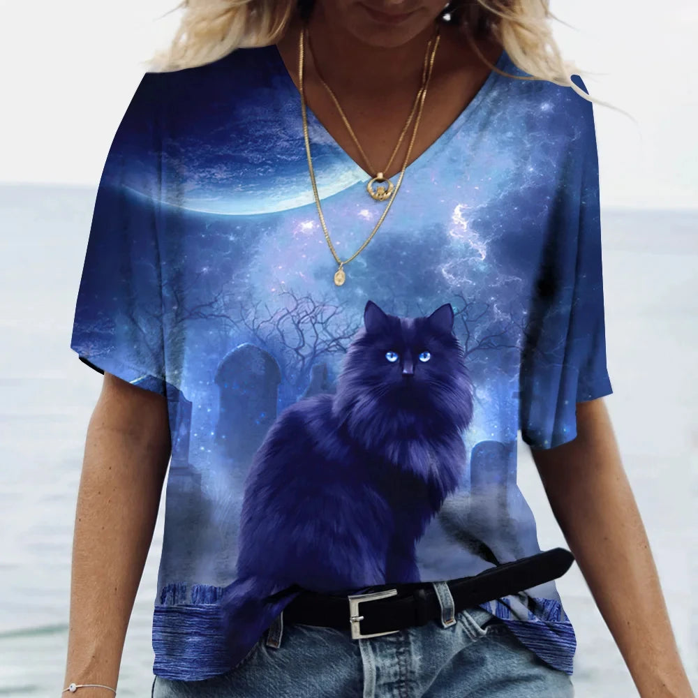 Damen Sommer Top Katzen T-Shirt V-Ausschnitt Hemd & Bluse Damentop Mädchen