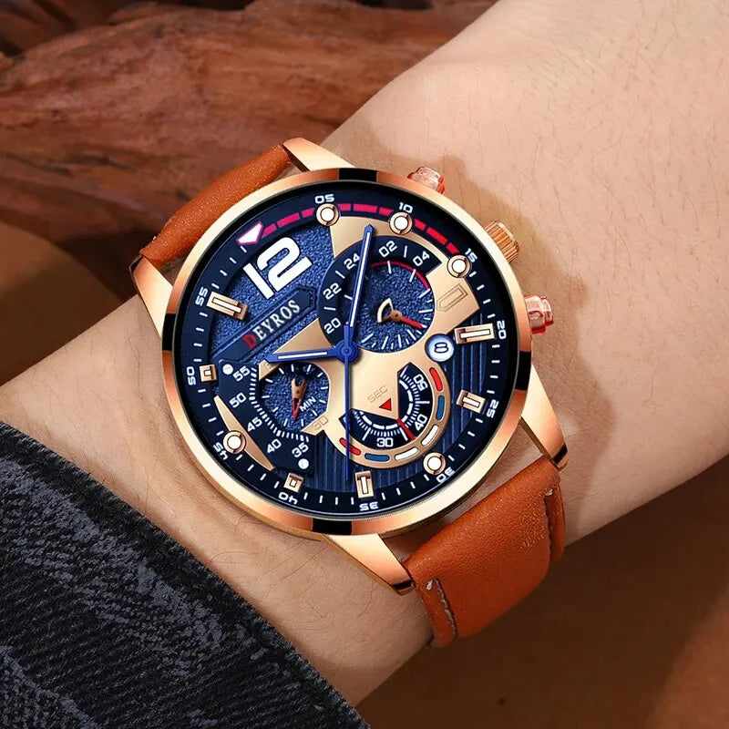Stilvolle Herren Armbanduhr mit Kunstleder Armband Set Luxus Quarz Uhr