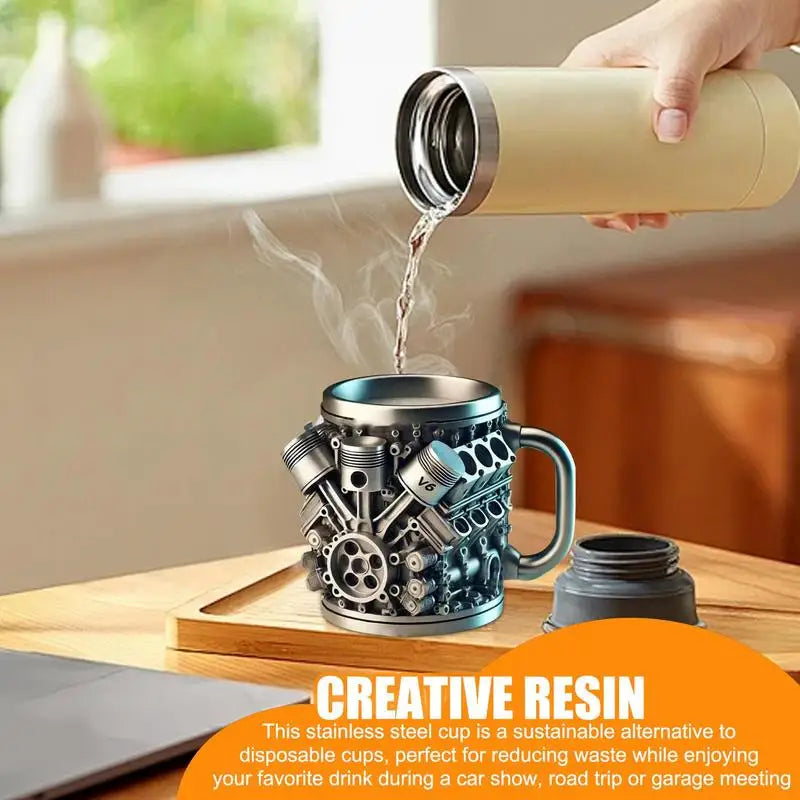 Edelstahl-Kaffeebecher Mug V8-Motoren-Motiv Kaffeetasse Becher Tasse Geschenk