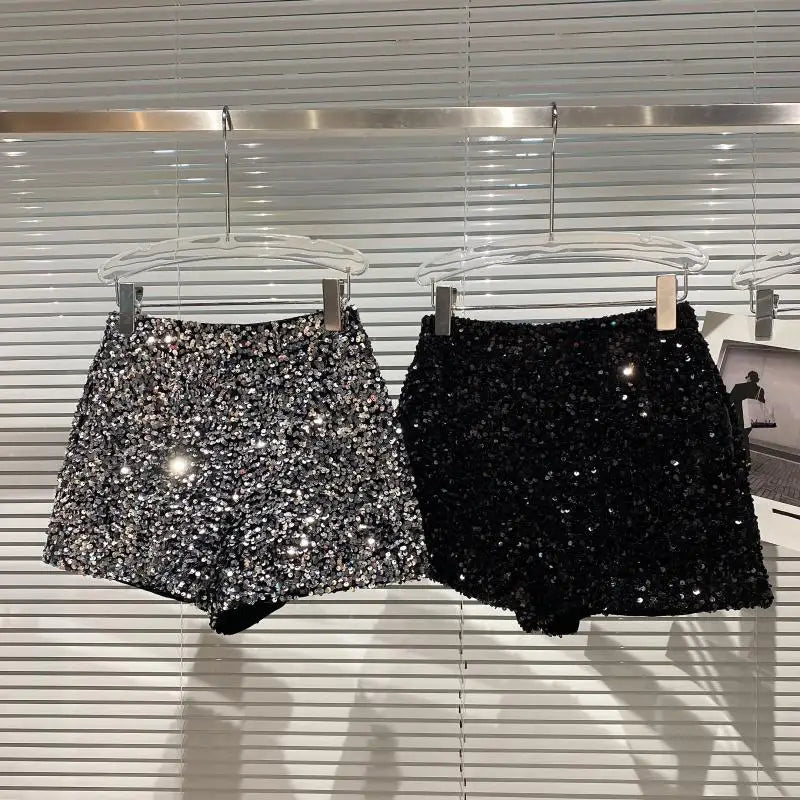 Damen Bermuda Shorts Hot Pants Kurze Hose Samt Pailletten Glänzende Clubwear