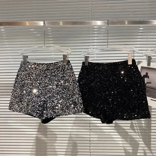 Damen Bermuda Shorts Hot Pants Kurze Hose Samt Pailletten Glänzende Clubwear