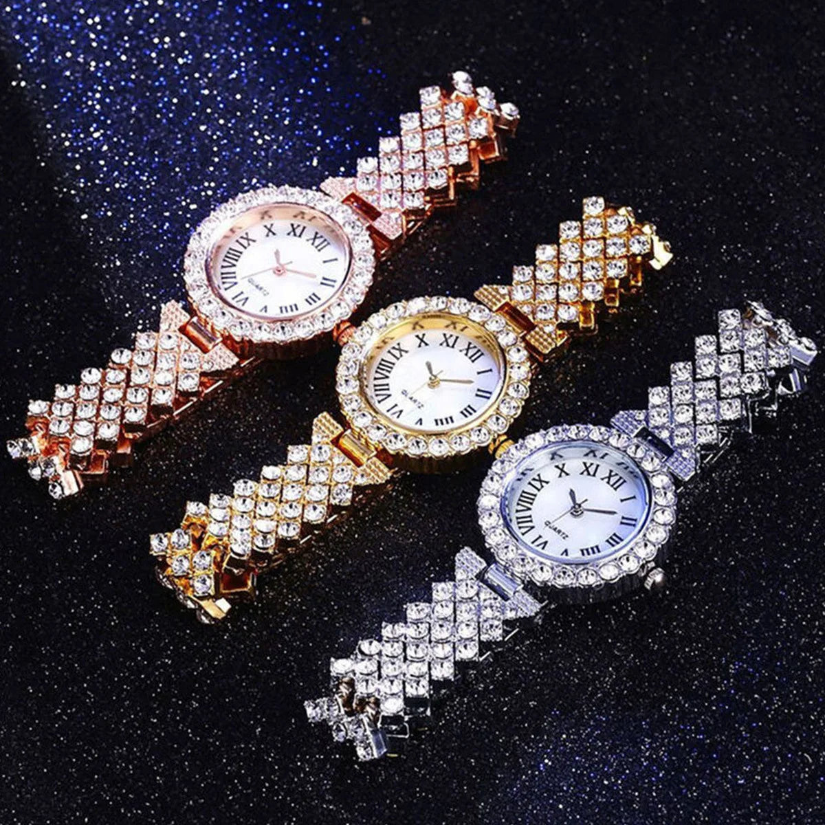 Damen Armband Uhren Set Strass Luxus Quarz Silber Gold Business Armbanduhr