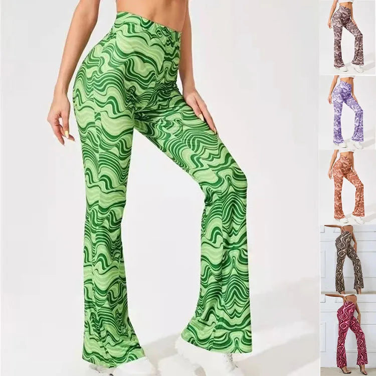 Damen Yoga Hose Bootcut Hüftjeans Schlaghose Flared Leggins Flower Power Retro