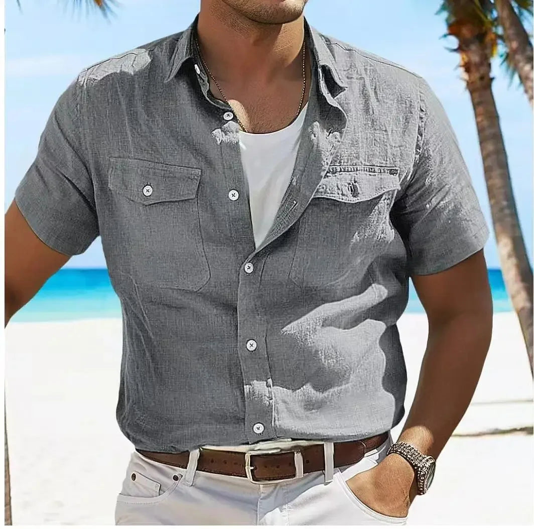 Herren Leinenhemd Poloshirt Langarm T-Shirt Leinen Hemd Polohemd Freizeithemd