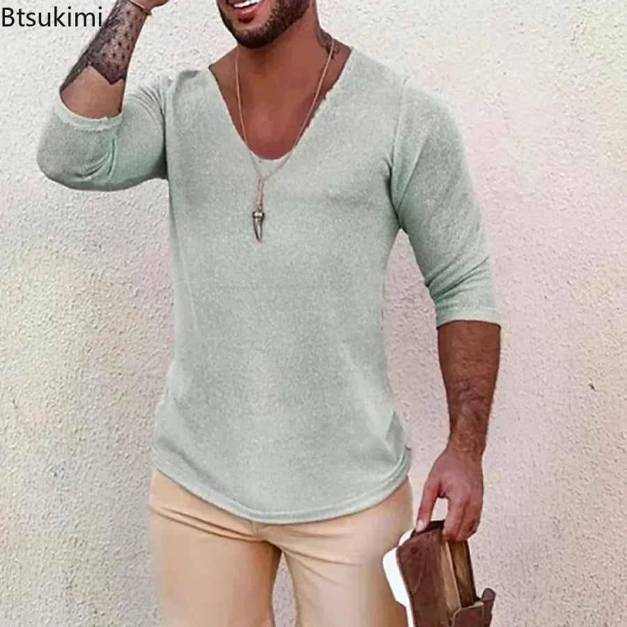 2026 männer Casual Langarm Gestrickte Pullover Dünne Stil Herren Frühling Herbst Kleidung Solide V-ausschnitt Stricken Pullover stricken Tops
