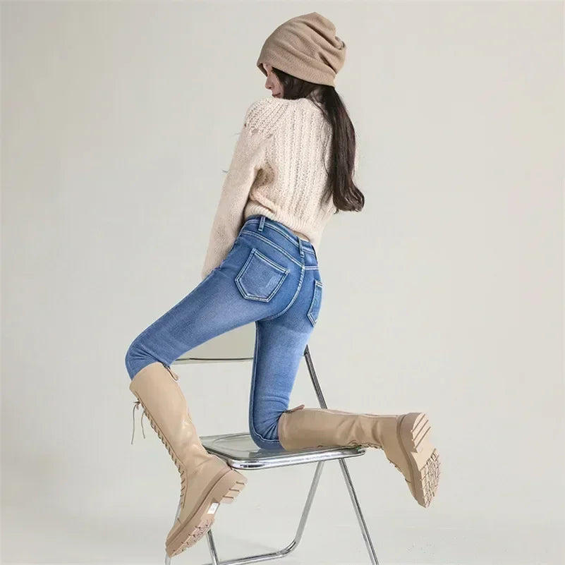 Damen Winter Warm Thermo Jeans Hose Innenfleece Stretch Hosen Leggins Denim