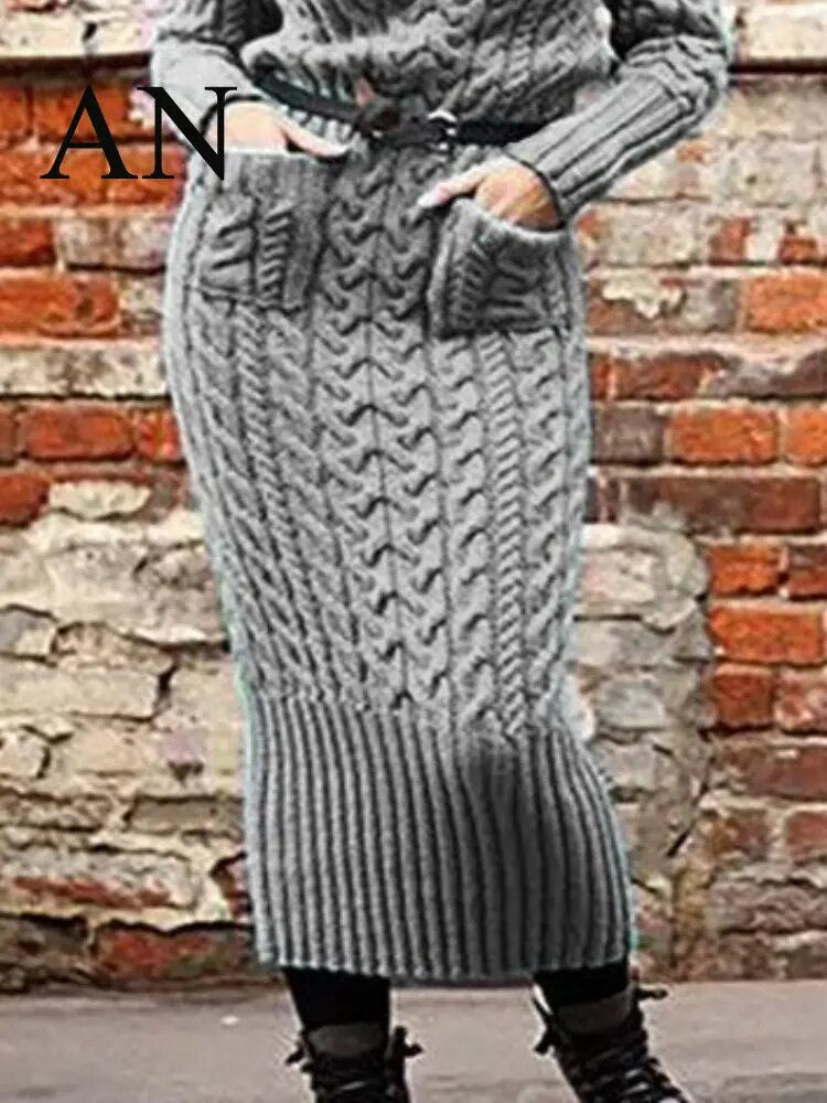 Damen Wollkleid Rollkragen Stiefelkleid Herbstkleid Winterkleid Strickkleid