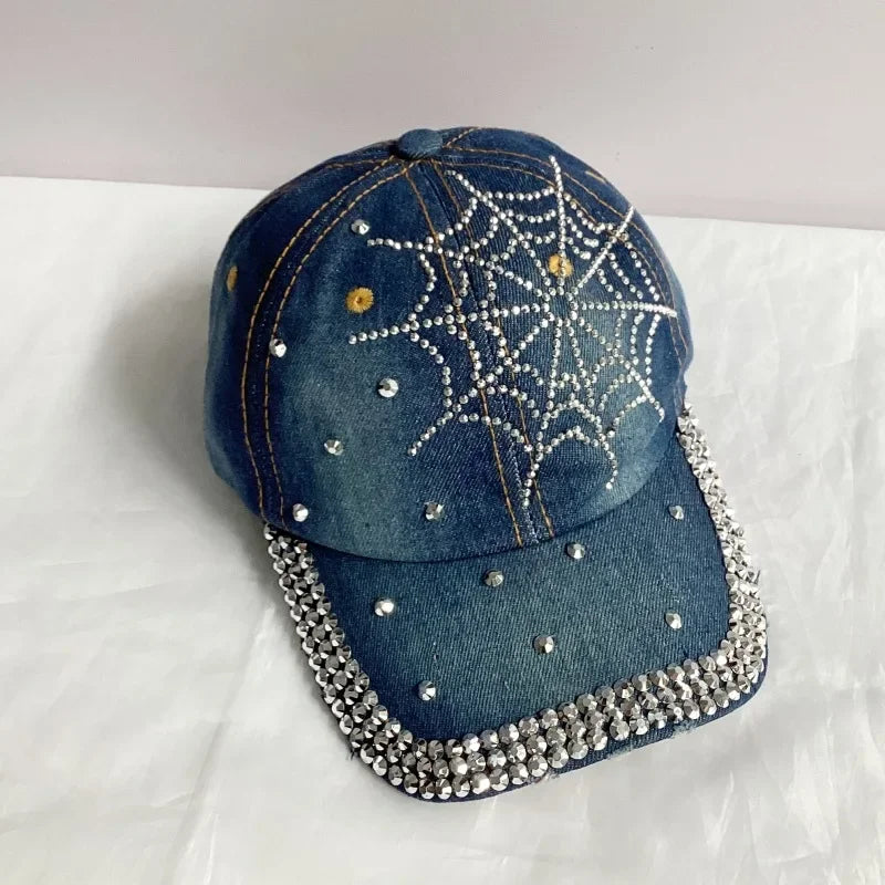 Jeans Basecap Cappy Denim Look Cap Kappe LOVE Strass gebogen Herren Damen