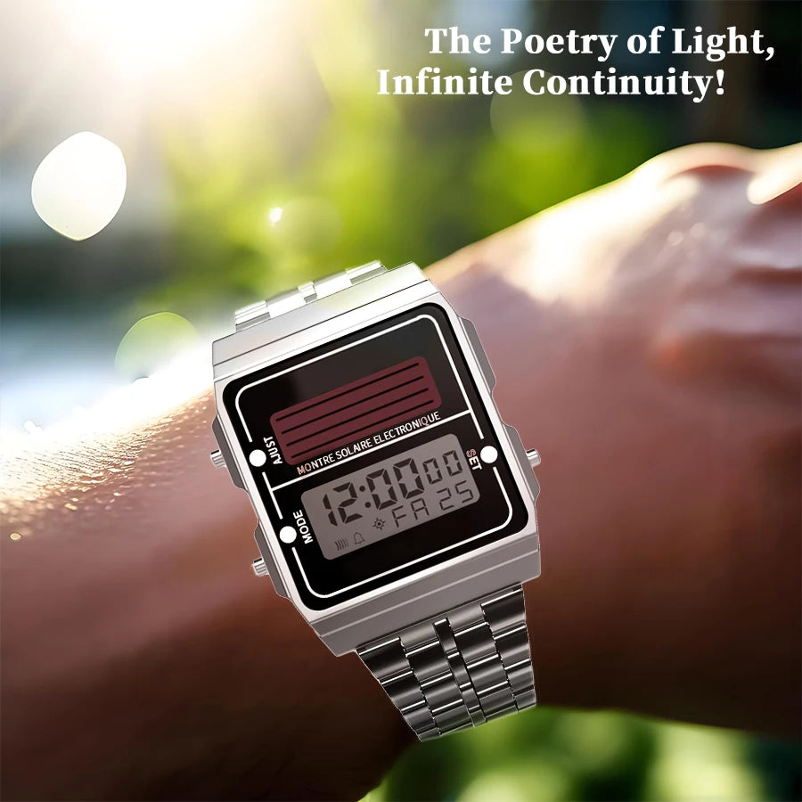 Solar Herren Digitaluhr Retro Chronograph Edelstahlarmband Wasserdicht Multifunktionale Sport Elektronische Uhren