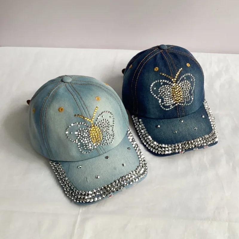Jeans Basecap Cappy Denim Look Cap Kappe LOVE Strass gebogen Herren Damen